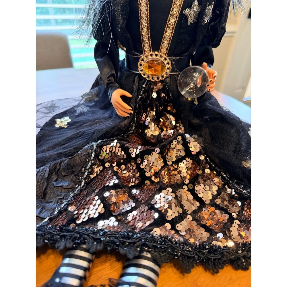 Halloween Sitting Witch Doll Sequined Gown‎ Crystal Ball Decor Black Copper 24